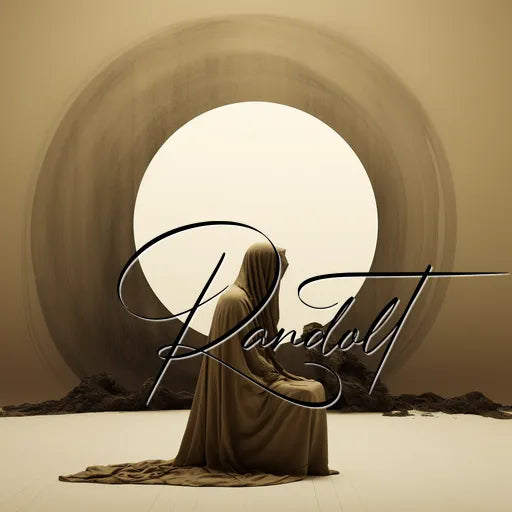 Silhouetted person in a cloak sitting before a large circular light, with stylized 'Randolt' text.