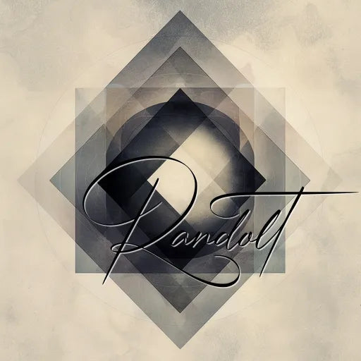 Geometric abstract design with layered diamond shapes and elegant calligraphic text.