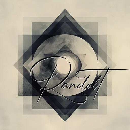 Geometric design with overlapping squares and circles, featuring the word 'RandOll' in elegant script.