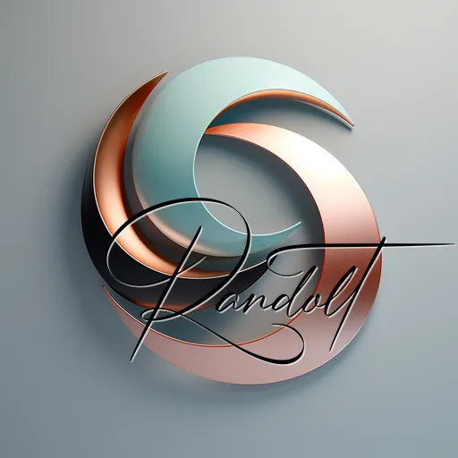 3D abstract spiral logo with blue, copper, and black curves, overlaid with stylized cursive text.