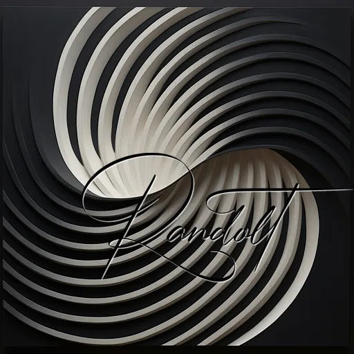 Abstract design with swirling black and white curves and cursive writing overlaid.