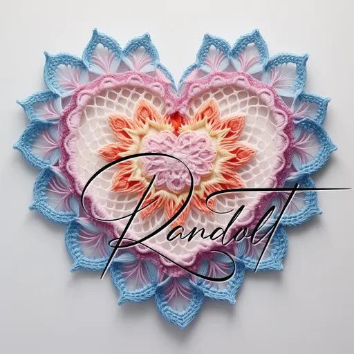 Heart-shaped crochet design with blue, pink, and orange floral patterns, featuring intricate lace details.