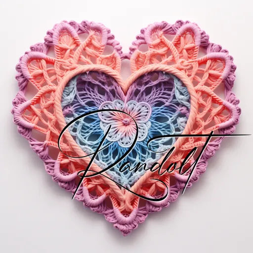 Intricate crochet heart with pink, purple, and blue hues, featuring floral patterns and the word 'Randolt' in script.