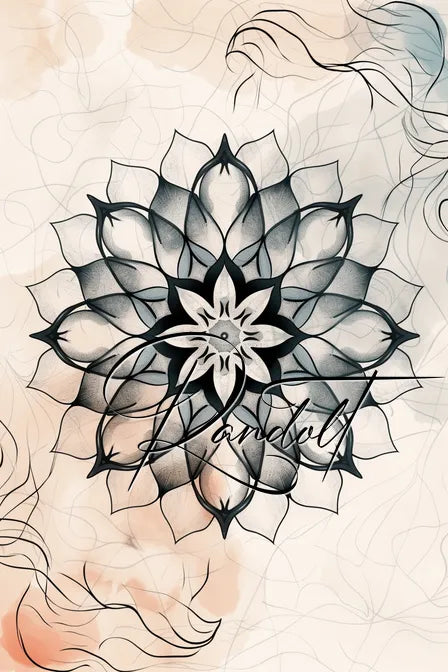 Intricate black floral mandala pattern with abstract line details on a beige background.