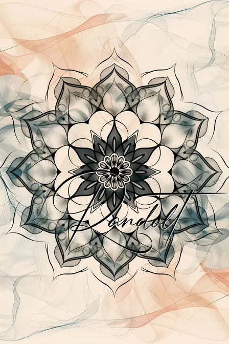 Intricate mandala design with floral motifs in black and gray hues, set against a warm-toned abstract background.