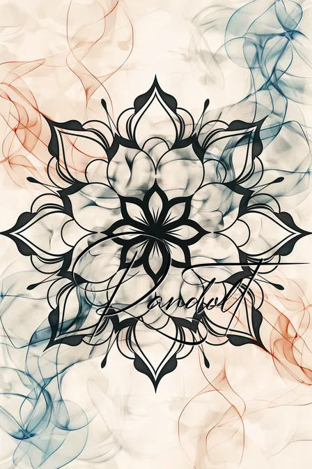 Intricate black mandala design with swirling red and blue abstract background.