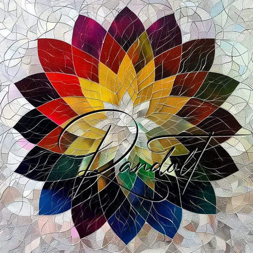 Intricate mosaic flower with multicolored petals and an elegant calligraphy text overlay.