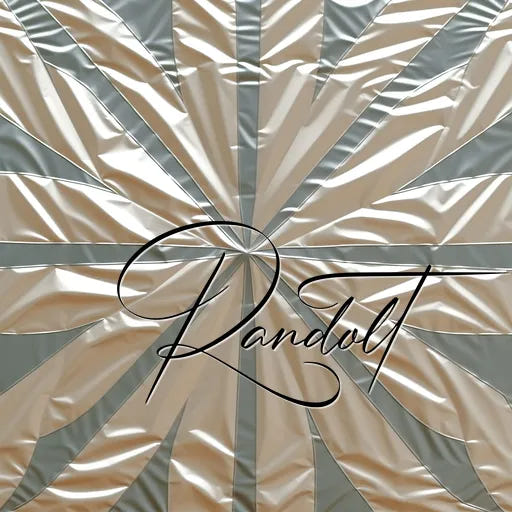 Metallic geometric pattern with radial lines in silver and gold tones, featuring the word 'Randvolt' in elegant script.