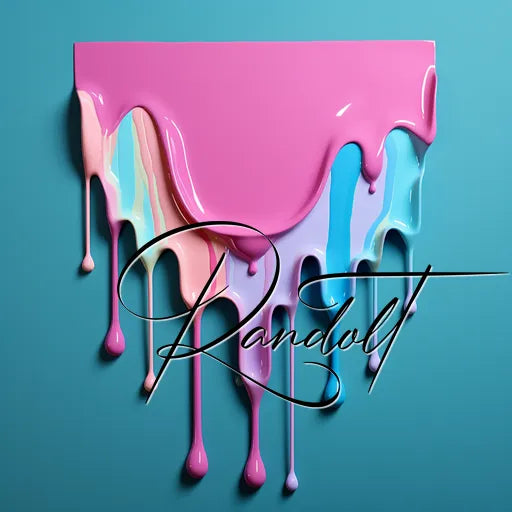 Dripping paint art with pink, blue, and cream hues on a teal background, featuring the script text 'Randolt.'