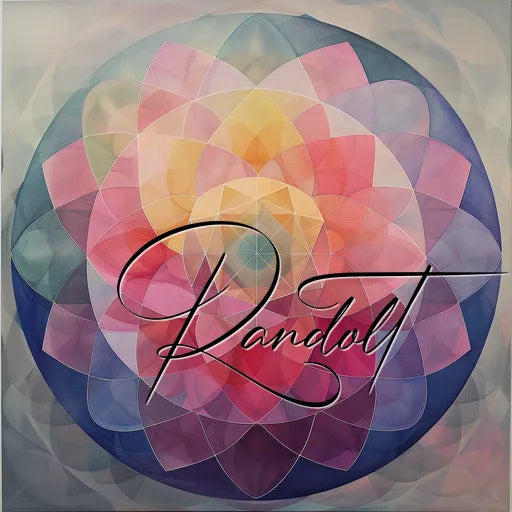 Circular abstract pattern with overlapping colorful geometric shapes and cursive text overlayed.