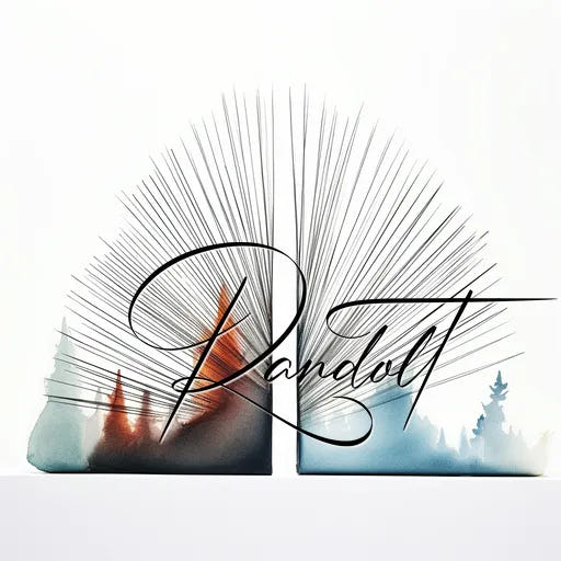 Decorative book art with trees, fanned pages, and cursive 'Randollt' text.