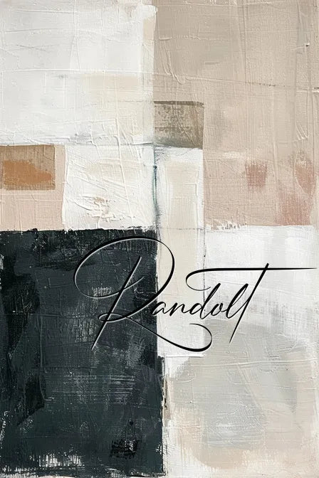 Abstract painting with textured white, beige, black blocks and brush strokes. Script text overlays the image.