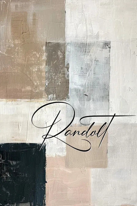 Abstract geometric painting with beige and gray rectangles, featuring the word "Randolt" in elegant script.