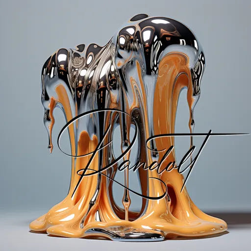 Abstract sculpture with metallic and orange fluid forms melting, with elegant script stating "Mandolt" overlaid.