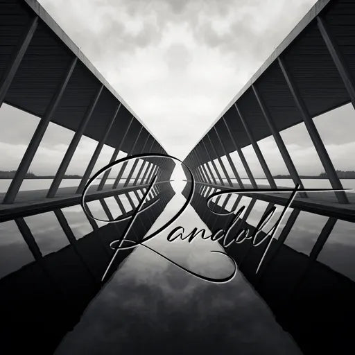 Symmetrical bridge over water with 'Randall' written in cursive, reflecting a calm and overcast sky.