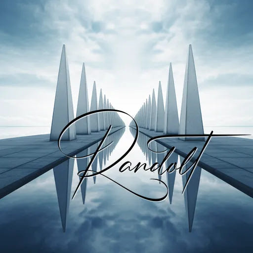 Symmetrical landscape with white triangular structures reflecting in water under a cloudy sky, with elegant script text overlay.