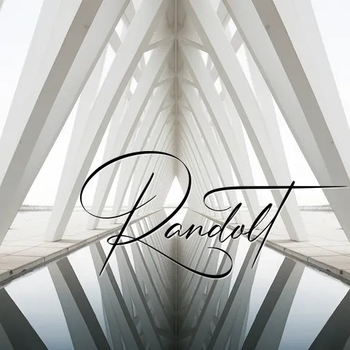 Abstract architectural structure with geometric lines and reflective water, featuring the word 'Randolt' in calligraphy.