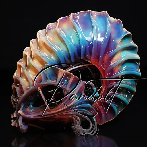 Abstract iridescent shell sculpture with vibrant rainbow hues against a black background.