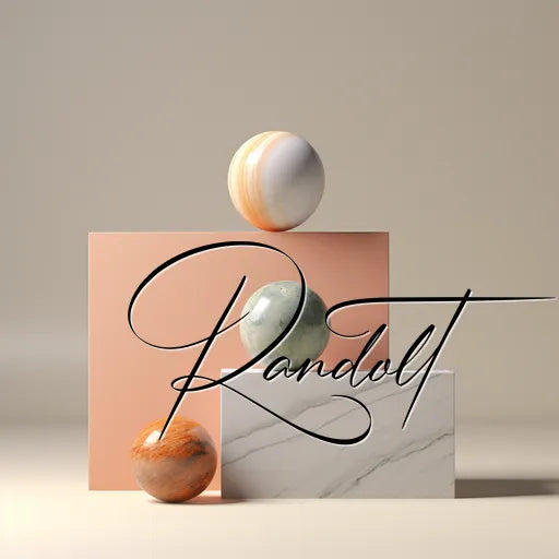 Three colored spheres on geometric shapes with elegant 'Randolt' script overlay.