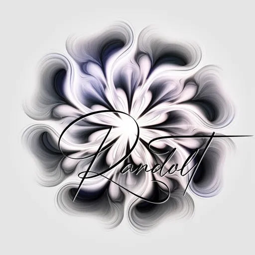 Abstract floral design in grayscale with a handwritten script overlay on a light background.