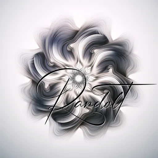 Abstract black and white swirl with elegant script text overlay on light background.