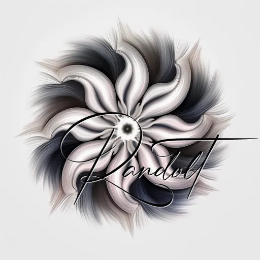 Abstract floral design with swirling petals and cursive text overlay, set against a light background.