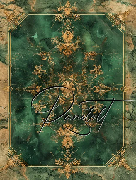 Green and gold ornate marble design with floral patterns and the script word 'Pandulû'. Elegant, sophisticated aesthetic.