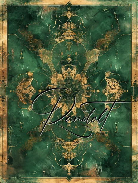 Ornate green and gold patterned design with cursive text overlay.