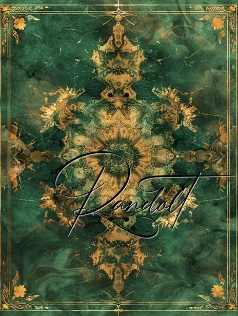 Intricate green and gold symmetrical pattern with elegant "Randalt" script overlay.