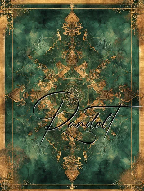 Abstract green and gold symmetrical pattern with intricate swirling designs and the word 'Randolt' in the center.