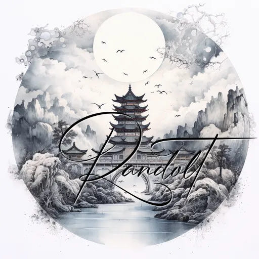 Circular Asian landscape with a pagoda, mountains, and a river under a bright moon, featuring elegant script text.