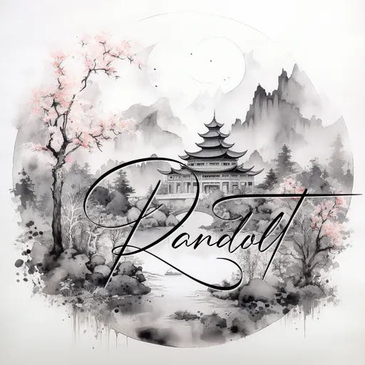 Ink painting of a traditional Asian landscape with mountains, pagoda, cherry blossoms, and the word 'Randolt' in script.