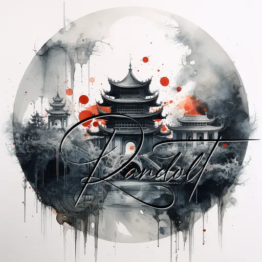 Abstract artwork featuring three pagodas in a circle with ink splatters and the name 'Randolt' in calligraphy.