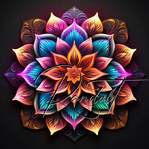 Vibrant mandala design with layered petals in multicolored hues on a dark background.