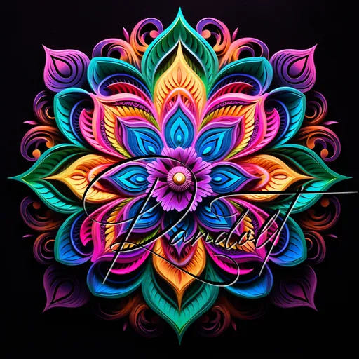 Colorful mandala pattern with intricate details and vibrant hues on a dark background.