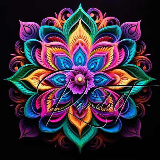 Colorful mandala pattern with intricate details and vibrant hues on a dark background.