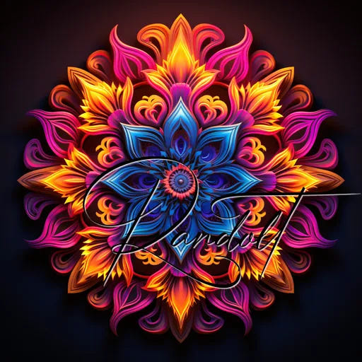 Vibrant mandala design with fiery orange, pink, and blue floral patterns on a dark background.