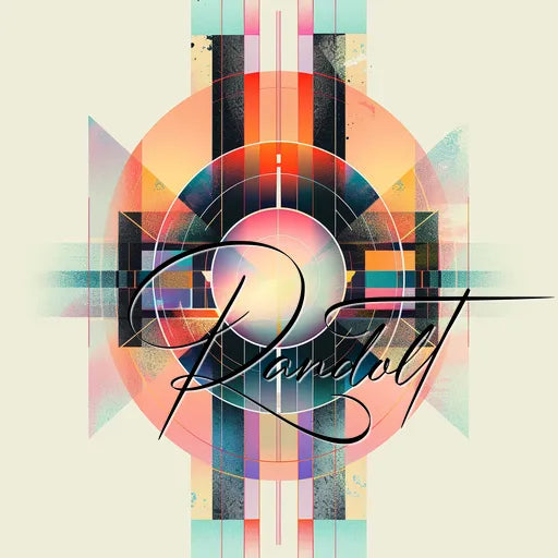 Colorful geometric abstract design with overlapping circles, lines, and typographic element over a circular gradient.