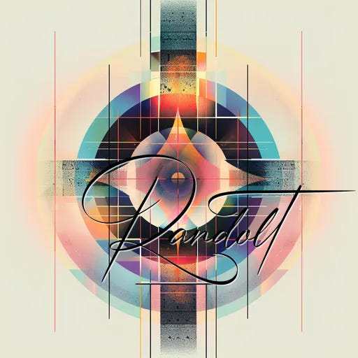 Abstract geometric design with intersecting circles and lines, featuring pastel colors and calligraphic text overlay.