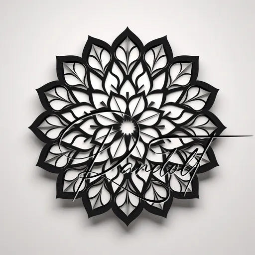 Intricate black and white mandala design with layered, symmetrical patterns and a signature overlay.