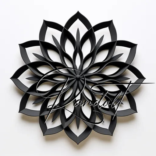 Intricate black floral wall decor with layered petal design on a white background.