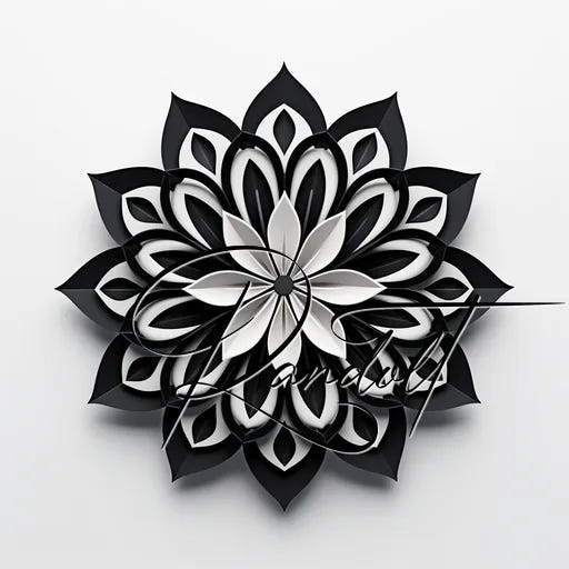 Intricate black and white mandala design with overlapping petal shapes against a plain background.