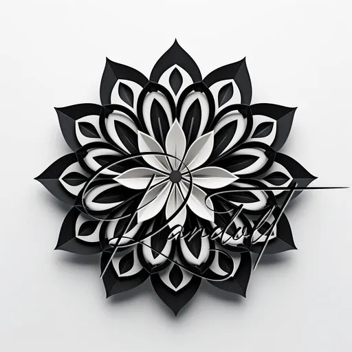 Intricate black and white mandala design with overlapping petal shapes against a plain background.