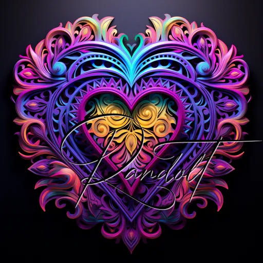 Vibrant heart design with intricate swirls and rainbow colors, featuring elegant cursive lettering.