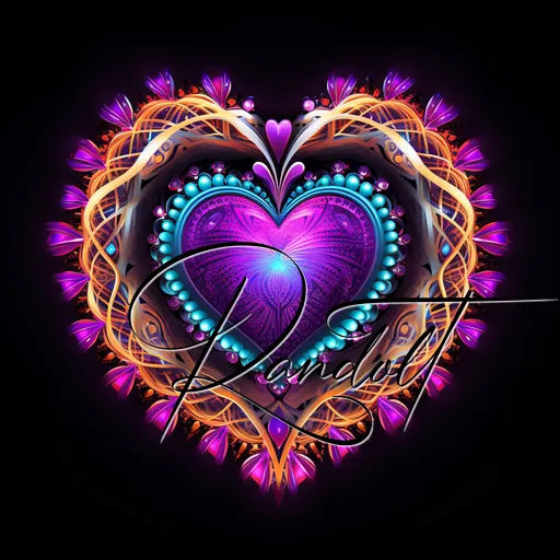 Intricate heart design with vibrant purple and orange patterns, surrounded by floral motifs.