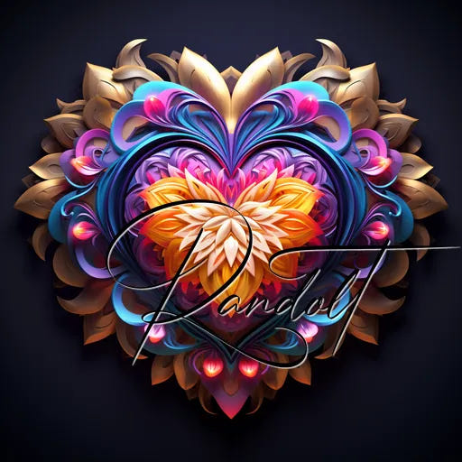 Ornate heart design with vibrant colors and intricate floral patterns, dark background, stylized signature across the center.