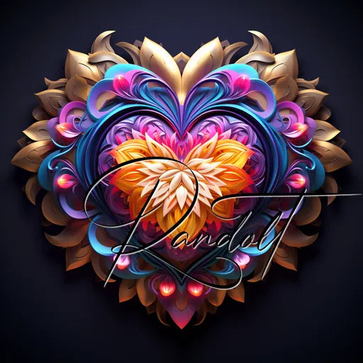 Ornate heart design with vibrant colors and intricate floral patterns, dark background, stylized signature across the center.