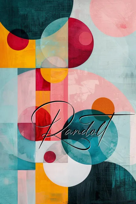 Geometric abstract art with circles and rectangles in teal, pink, and mustard hues, overlaid with cursive script.