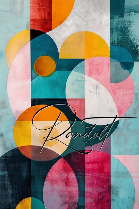 Abstract geometric art with colorful overlapping circles and rectangles in vibrant hues, featuring the word 'Randolf'.