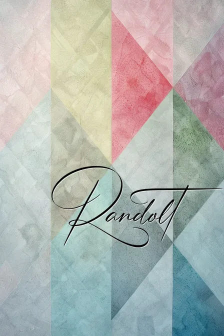 Geometric pastel design with diagonal stripes and the word 'Randolt' in script.